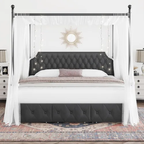 Vista 3 de Keyluv Marco de cama con dosel tapizado tamaño King con 3 cajones y cabecero capitonado con botones, cama de plataforma de metal con 4 postes Gris