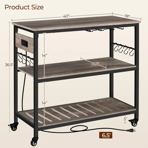 Vista 3 de Yaheetech Carrito de isla de cocina con toma de corriente, carritos de cocina con ruedas con almacenamiento, soporte de microondas de 3 niveles