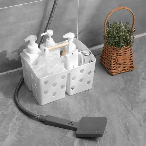 Vista 2 de Anyoifax Cesta de plástico portátil con mango de madera, organizador de almacenamiento dividido con compartimentos para baño, dormitorio