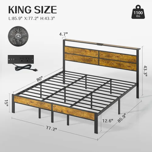 Vista 2 de Liians Base de cama tamaño King con cabecera de estación de carga USB tipo C, luces LED inteligentes, plataforma de metal sin ruido, no necesita
