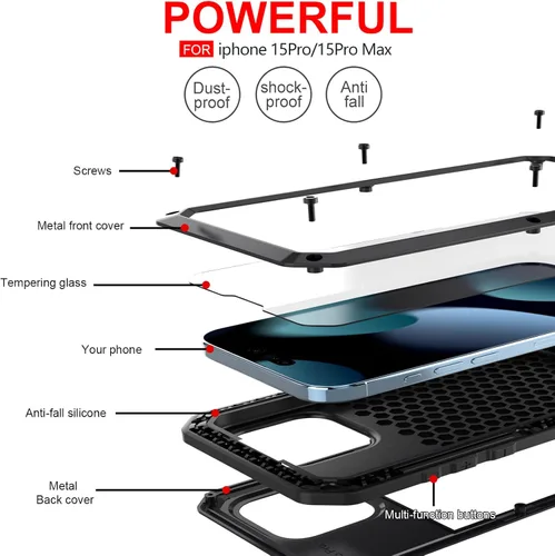 Vista 8 de Funda protectora de cuerpo completo 360 para iPhone 14 Pro Max, resistente a los golpes, funda de metal de aluminio con protector de pantalla