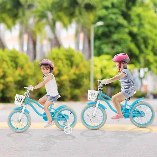 Vista 2 de COSTWAY Bicicleta para niños de 12, 14, 16, 18 pulgadas, bicicleta para niños con ruedas de entrenamiento, frenos de mano y posavasos, sillín