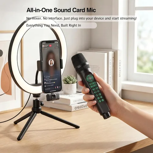 Vista 2 de MC9 Online Karaoke Microphone for Phone/PC, Live Streaming Microphone Set Easy Podcast Kit w/Built-in Sound Card, Voice Changer, Real-Time