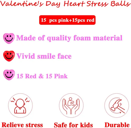 Vista 3 de 30 bolas de estrés con forma de corazón, mini bola sonriente de 1.5 pulgadas para aliviar el estrés en forma de corazón para juguetes de San