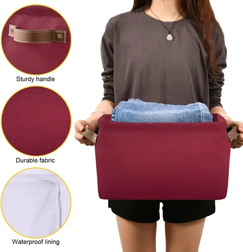 Vista 7 de Cesta de almacenamiento plegable de color rojo burdeos para estantes, plegable, impermeable, resistente, de tela, con asas, cubo de almacenamiento