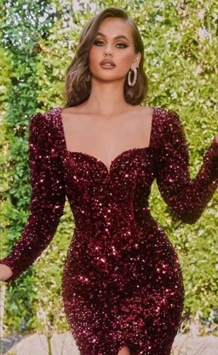 Vista 2 de Vestidos de graduación con abertura, lentejuelas brillantes, cuello en V, manga larga, sirena, vestidos de fiesta formales para mujer con cola