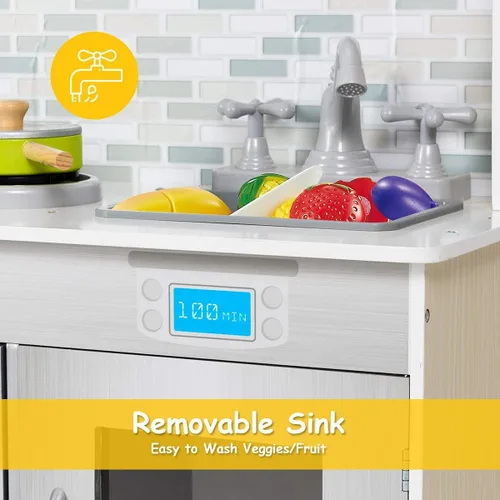 Vista 4 de ARLIME Juego de cocina para niños, cocina de juguete de madera con fregadero extraíble, microondas, utensilios de cocina, armario de almacenamiento