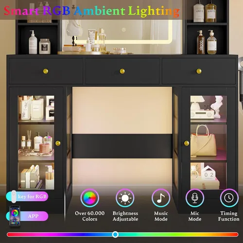 Vista 4 de Escritorio de maquillaje con espejo y luces, tocador negro de 43 pulgadas con parte superior de cristal, almacenamiento de joyas, 3 cajones