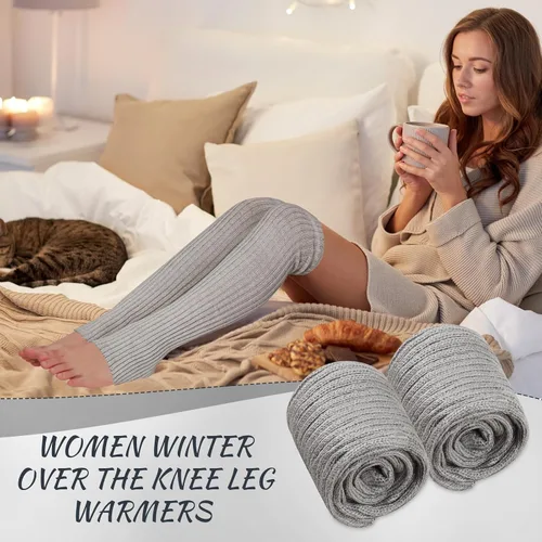 Vista 4 de SATINIOR Calentadores de piernas largas de invierno para mujer, 24 pulgadas, por encima de la rodilla, de punto acanalado, calentadores de piernas