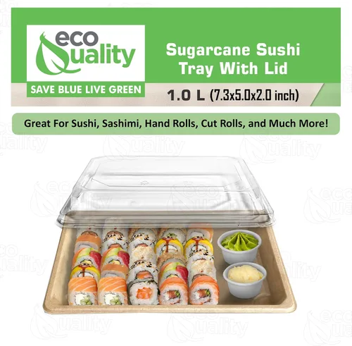 Vista 5 de Bandejas grandes compostables para sushi con tapas, contenedor de sushi natural de caña de azúcar, biodegradable, plato de sushi desechable