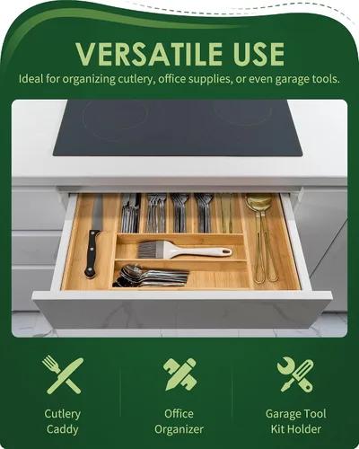 Vista 6 de Upolana Organizador de cajones expandible de bambú de alta calidad, organizador de cajones de cocina ajustable de 7 a 9 ranuras para utensilios