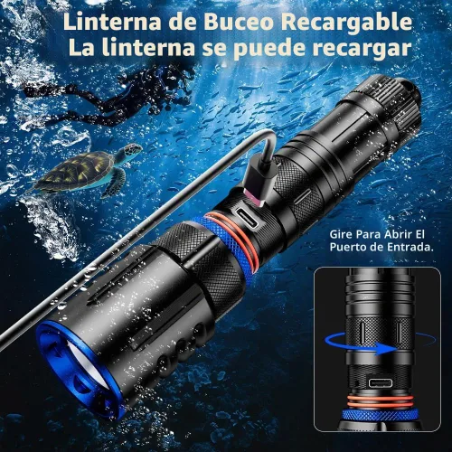 Vista 4 de Linterna de buceo, linterna de buceo, linterna LED recargable de alto lúmenes, buceo submarino y linterna de snorkel para buceo, espeleología y uso