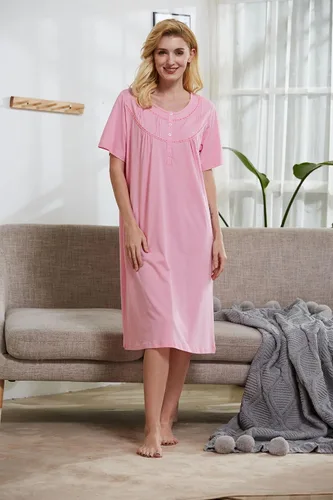Vista 3 de Keyocean - Camisón de algodón para mujer, suave, cómodo, ligero, manga corta, vestido de casa, ropa de dormir, ropa de sala para verano.