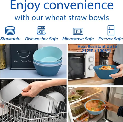 Vista 4 de Tazones de cereales de 32 onzas, cuencos de fibra de paja de trigo irrompible, cuencos de cocina ligeros aptos para microondas y lavavajillas