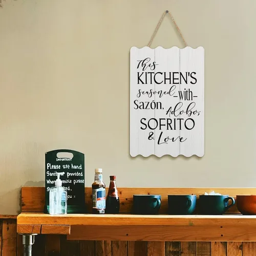 Vista 10 de Letrero de madera con texto en inglés «This Kitchen is Seasoned with Sazon Adobo Sofrito & Love» La Cocina española puertorriqueña para decoración