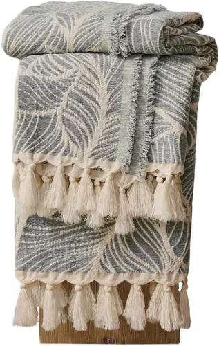 Vista 12 de DOWN HOME Manta de algodón de felpilla para sofá, manta bohemia ligera para cama, sofá, silla, sala de estar, exterior, manta decorativa de tejido