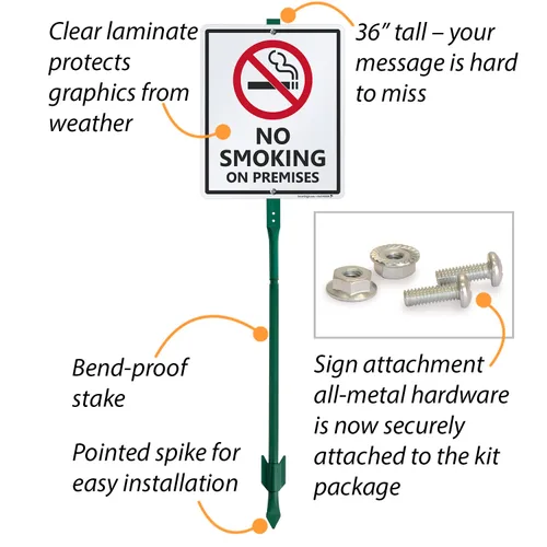 Vista 3 de SmartSign Letrero LawnBoss® "No Smoking on Premises" Letrero de aluminio de 10 x 12 pulgadas con estaca de 3 pies