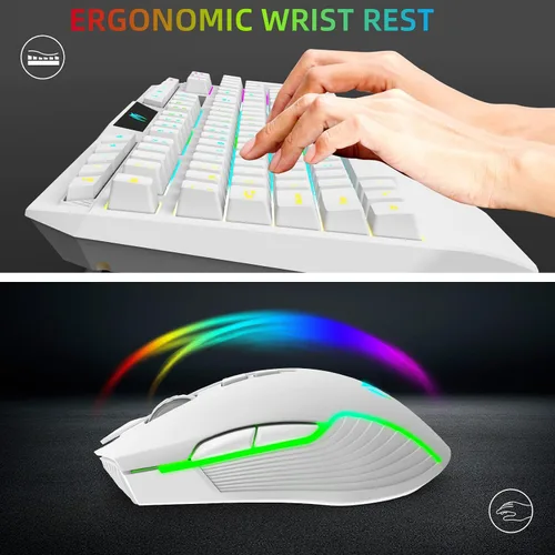 Vista 5 de Combo de teclado y mouse inalámbricos retroiluminación RGB, teclado inalámbrico recargable, reposamuñecas ergonómico, mouse retroiluminado, teclado