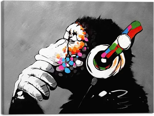Vista 13 de Wieco Art Marco Negro Mono con Auriculares Banksy Arte de Graffiti Abstracto Pinturas en Lienzo Impresiones Arte de Pared en Lienzo de Animales