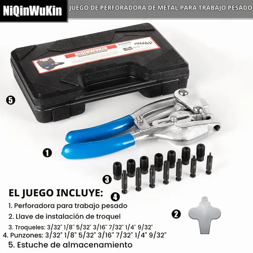 Vista 4 de Juego de herramientas para perforar agujeros de metal, perforadora profesional resistente para metal, mano de 3/32 a 9/32 pulgadas para chapa de Azul
