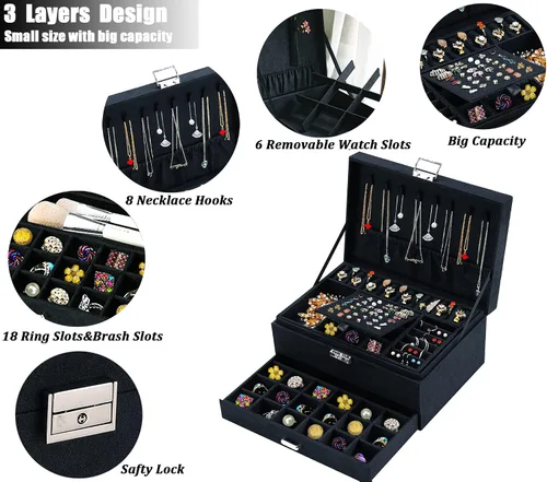 Vista 2 de QBestry Caja organizadora de joyas para mujeres y hombres caja de joyería de terciopelo negro de 3 capas grande de almacenamiento de joyas