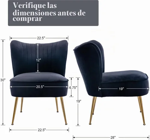 Vista 2 de Juego de 2 sillas decorativas de terciopelo, cómodas sillas de sala de estar, sin brazos, sofá individual lateral de mediados de siglo con patas