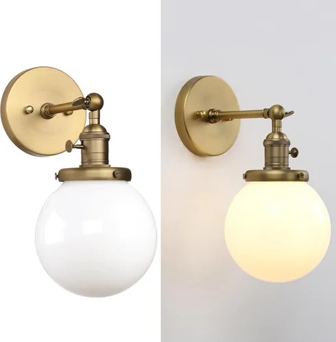 Vista 7 de Pathson Aplique de pared cableado con globo blanco, luz de tocador de baño de latón con interruptor de encendido y apagado, lámparas de pared