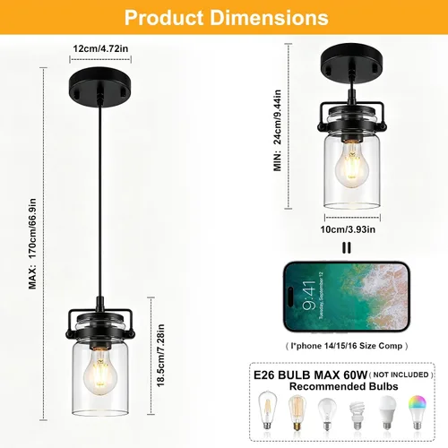 Vista 2 de foucasal Mini luces colgantes de granja de 4.7 pulgadas para isla de cocina 1 vidrio sembrado negro claro
