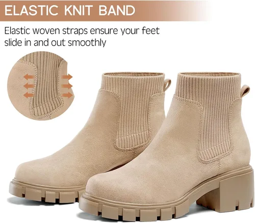 Vista 3 de FITORY Botas Chelsea para mujer, botines de tobillo elásticos con tacón medio grueso y suela con tacos, zapatos cómodos y modernos sin cordones