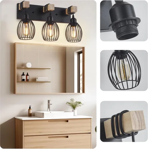 Vista 3 de Luz de tocador de granja de 3 luces para baño, aplique de pared de madera con elegante jaula en forma de lágrima, luces de tocador industriales