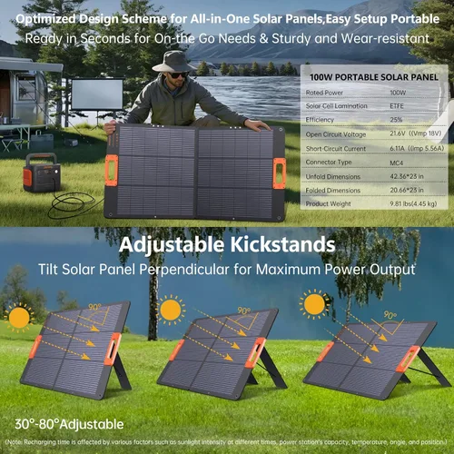 Vista 6 de Panel solar de 100 W, paneles solares portátiles tipo N 16BB para central eléctrica, panel solar plegable, QC3.0 USB-A y tipo C, 25% de alta
