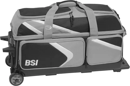 Vista 17 de BSI Dash Roller Bowling Bag with Smooth Rolling Wheels, Padded Ball Compartment, Retractable Locking Handle, & Shoe Pocket Negro/Azul/Gris