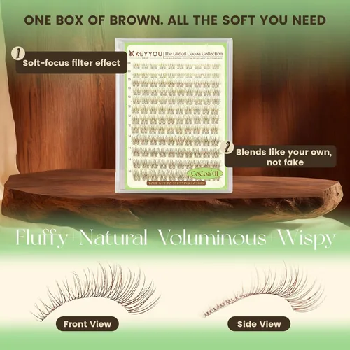 Vista 4 de KEYYOU Extensiones de pestañas de Velure color marrón Venus Natural Wispy C Curl Manga de 0.315-0.630 pulgadas con banda invisible suave