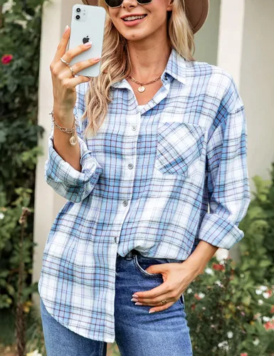 Vista 4 de Megfie Camisa de franela de gran tamaño para mujer, camisa de franela suave con botones y manga larga enrollable, camisa a cuadros para mujer