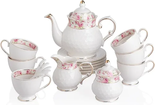 Vista 7 de Sweejar Juego de té de porcelana de 21 piezas, tetera vintage con ribetes dorados, juego de taza y platillo, taza de té para té suelto, azucarero