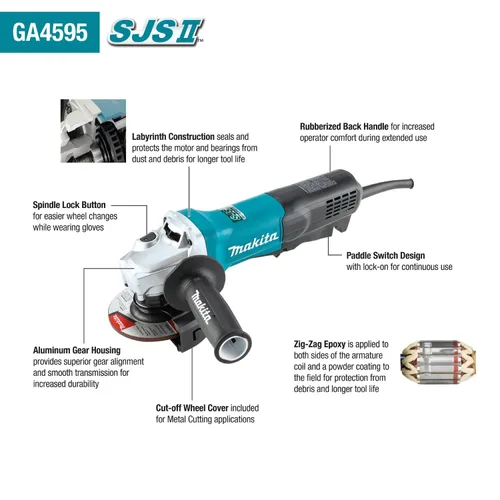 Vista 2 de Makita GA4595 Amoladora angular de alta potencia SJSII de 4-1/2", interruptor de paleta