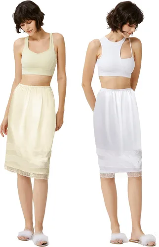 Vista 2 de Coucoland 2 piezas de ropa interior larga de media falda de satén suave con ribete de encaje para mujer