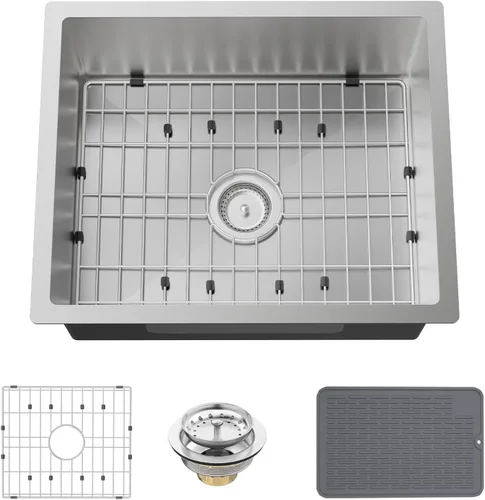 Vista 12 de Fregadero de cocina y bar negro de 15 x 17 pulgadas, fregadero de acero inoxidable con rejilla SS, alfombrilla de silicona, colador, colador