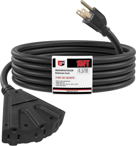 Vista 36 de EP Cable de extensión para exteriores de 6 pies, 16/3 SJTW, 3 tomas de corriente eléctrica, negro Enchufe a tierra de 3 puntas, para luces