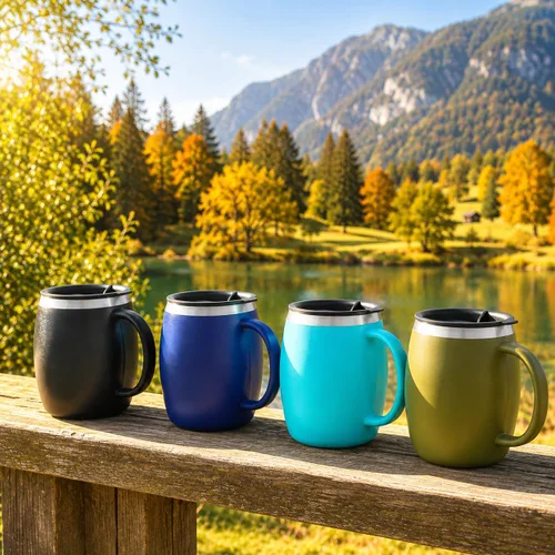 Vista 5 de Juego de 2 tazas de café aisladas de acero inoxidable (14 onzas) de doble pared con tapa y asa resistentes a derrames, tazas inastillables para Azul