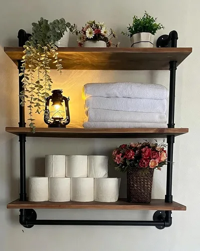 Vista 16 de ROGMARS - Estantería industrial de tuberías para baño, estantes flotantes negros de 24 pulgadas para baño con toallero y ganchos, estantes montados