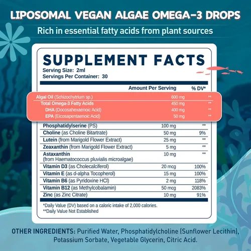 Vista 2 de Algas liposomales Omega 3, vegano EPA DHA para niños y mujeres, 2 onzas