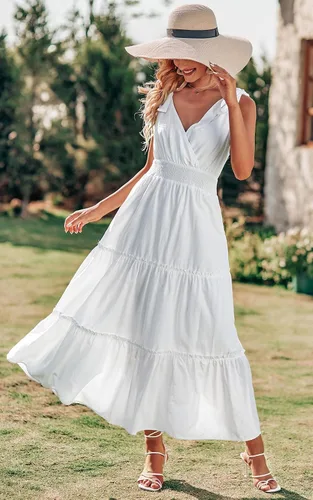 Vista 2 de PRETTYGARDEN Vestido largo de verano con cuello cruzado para mujer, sin mangas, escalonado, con tirantes fruncidos, para la playa, vestido largo