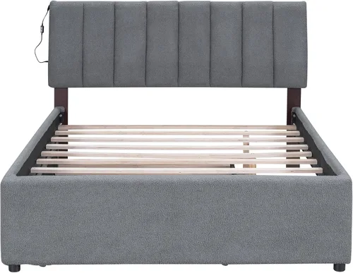 Vista 5 de P PURLOVE Cama de plataforma tapizada de tamaño matrimonial con nido, marco de cama tapizado con luces LED, cama de plataforma de vellón de peluche