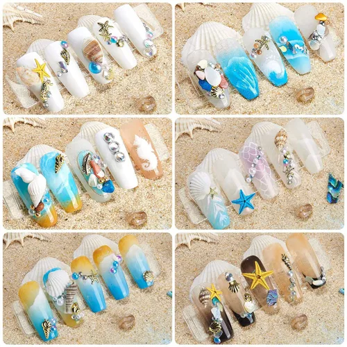 Vista 5 de Diamantes de imitación para uñas de playa de verano, diseño de concha y remaches con diseño de estrella de mar, diseño de concha y remaches