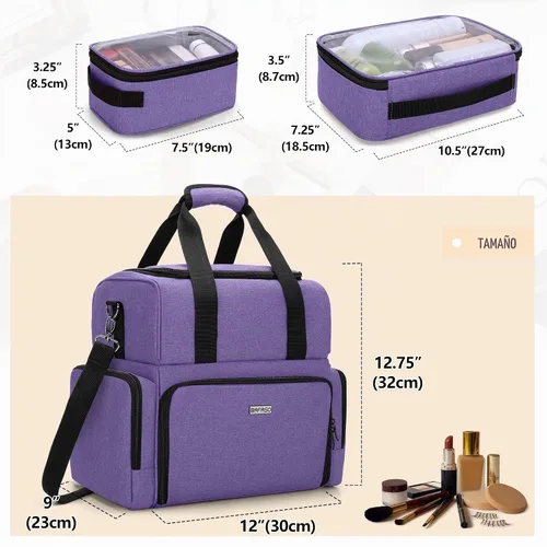 Vista 6 de BAFASO Bolsa de maquillaje de viaje grande de 2 capas con 3 bolsas Púrpura