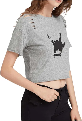Vista 5 de SweatyRocks - Camiseta ombliguera desgastada con manga corta e impresión gráfica, para mujer