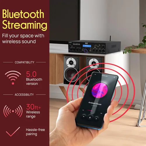 Vista 3 de Pyle Amplificador de potencia Bluetooth inalámbrico de 200 W, receptor estéreo de doble canal con lector flash USB, tarjeta SD, AUX, entrada