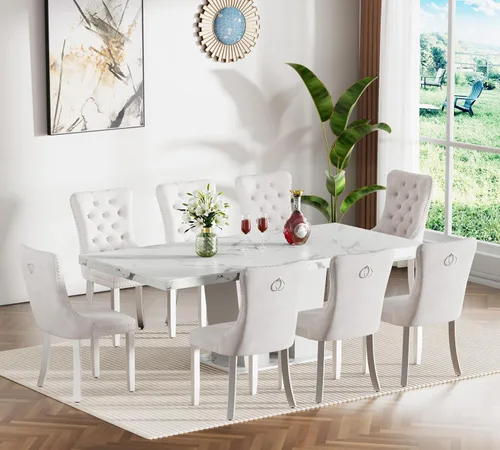Vista 17 de Henf Juego de mesa de comedor extensible de 78 pulgadas para 6 mesas rectangulares de madera de 7 piezas con 6 sillas tapizadas de terciopelo, mesa