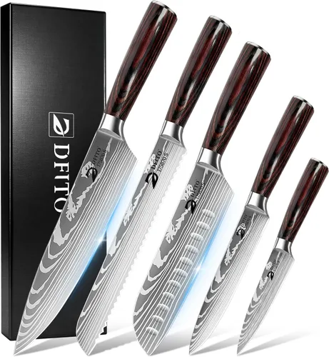 Vista 11 de Dfito Juego de cuchillos de cocina, 3 piezas de acero inoxidable de alto carbono con mango de madera de Pakkawood roja, juegos de cuchillos de chef